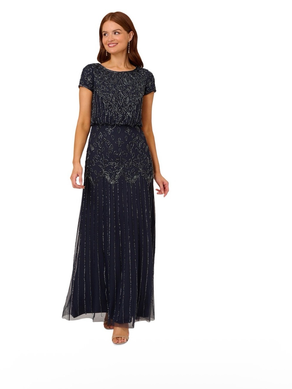 Adrianna Papell Plus SZ 14W NWT Navy Blouson Beaded Formal Evening Gown GALA MOB
